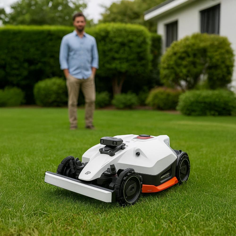 Robot cortacésped inteligente sin cables en funcionamiento en jardín moderno